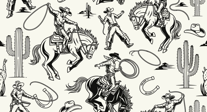 Retro Western Cowboy Rodeo Pattern with Horses, Cacti, and Lassos - Vintage Style