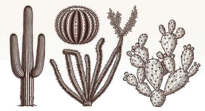 Vintage Botanical Illustration of Various Desert Cacti and Succulents on a Light Background
