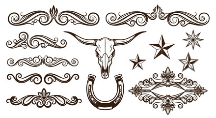 Western Decorative Elements: Bull Skull, Horseshoe, Stars, and Ornate Borders Collection © emiloo