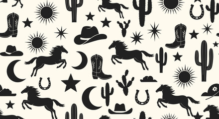 Western Pattern with Horses, Boots, Cacti, Hats, and Celestial Elements © emiloo