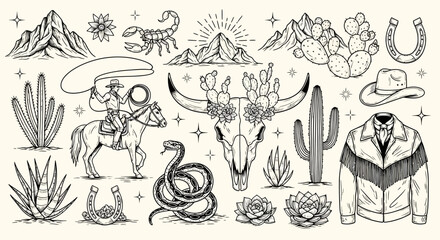 Wild West Collection: Cowboy, Animals, and Desert Elements in Vintage Style © emiloo
