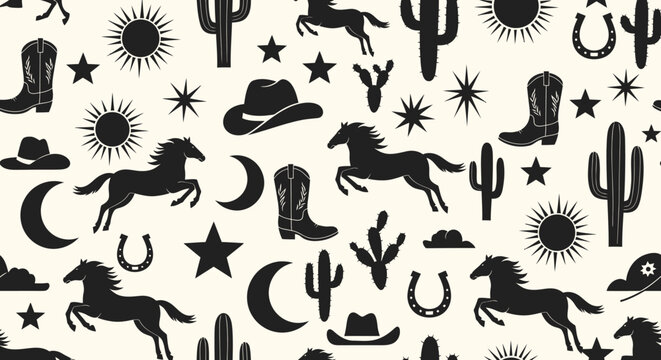 Western Pattern with Horses, Boots, Cacti, Hats, and Celestial Elements