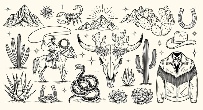 Wild West Collection: Cowboy, Animals, and Desert Elements in Vintage Style