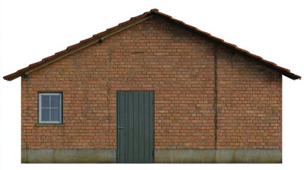 A weathered brick building with a door, window and pitched roof