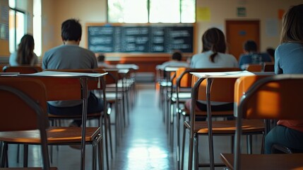 Obraz premium exam in a university classroom with a blurred view from the back of the classroom exam in a classroom for studying