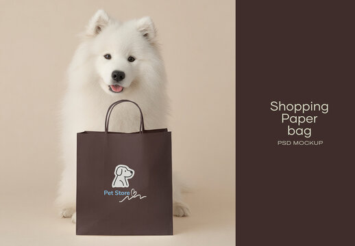Fluffy Dog With Shopping Bag Mockup PSD