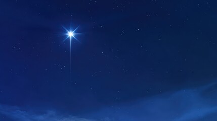 Celestial scene featuring a bright, radiant star in a dark blue night sky with scattered stars and clouds