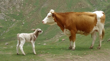 A large cow stands beside a calf in a grassy mountain pasture, looking at each other