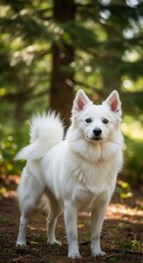 Majestic American Eskimo Dog Posing in Forest Setting.