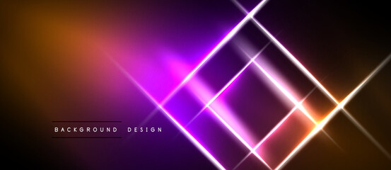 Naklejka premium Abstract neon lights form geometric shapes. Vibrant gradients blend orange, purple, pink hues. Dark background enhances glowing effect.
