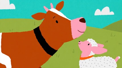 Animated farm scene with a large cow and a small sheep gazing upwards, simple illustrative style
