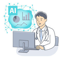 医療データ分析にAIを使って業務効率化を行う男性医師