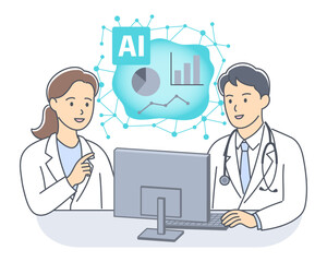 医療データ分析にAIを使って業務効率化する男女の医師