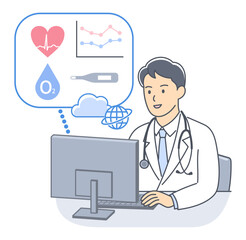 遠隔診療で患者のバイタルデータをパソコンで確認する男性医師