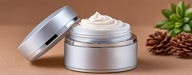 Luxurious Skincare Cream Jar with Succulent and Pinecones in an Elegant Minimalist Setting on Brown Background