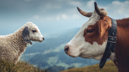 A cow and a lamb gaze at each other. Rolling hills and a cloudy sky form the backdrop