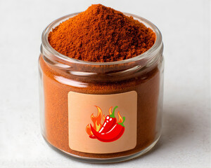 Spicy Red Chili Powder in Glass Jar with Fiery Pepper Logo for Culinary and Gourmet Cooking Enthusiasts