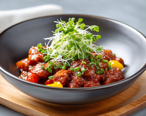 Gourmet Fusion Cuisine: Savory Korean Spicy Pork Belly with Microgreens in Elegant Ceramic Bowl