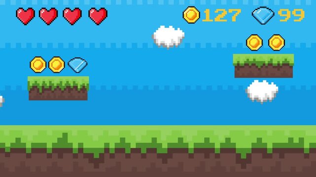 Retro pixel art 2D platformer game level concept. Features classic hearts, coins, diamonds, and blocky terrain under a blue sky, for nostalgic adventure gameplay