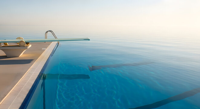 A diving board extends over a calm and vast infinity pool overlooking a hazy horizon