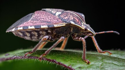 Macro shot of a shield-shaped insect perched on a green leaf, showcasing intricate patterns