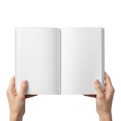A pair of hands holding an open book with blank pages. isolated on transparent background