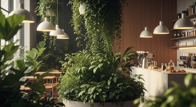 Modern cafe interior with lush green plants and cozy lighting