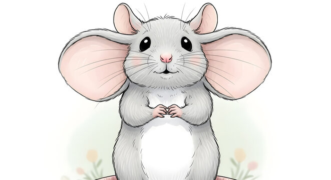 A front view portrait of a cute grey and white dumbo rat with large round ears