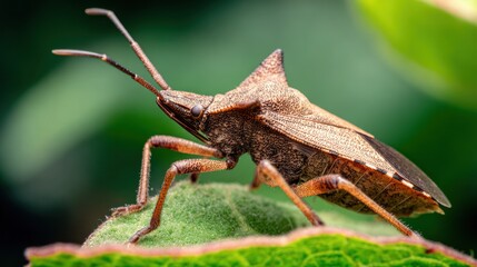 Macro shot of a brown insect on a leaf, with detailed features and blurred green background