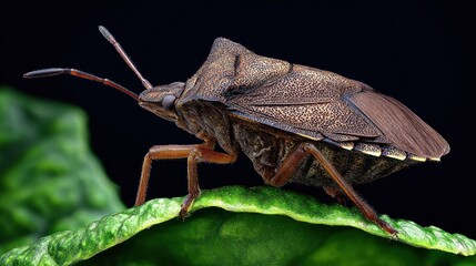 Macro close-up shows a stink bug in profile on a vibrant green leaf, against dark background