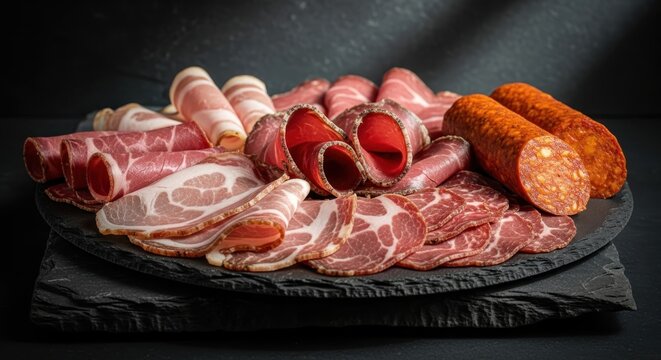 Generous Platter of Marbled Cured Meats and Sausages for a Gourmet Gathering