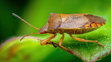 A close-up side view of a brown shield bug on a lush, vibrant green leaf