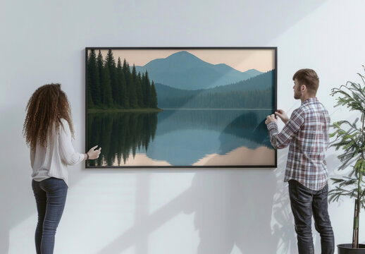 Couple Admiring Serene Art Frame Mockup PSD