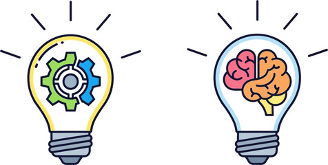 Two lightbulbs illustrating different concepts: one with gears representing mechanics or logic, and the other with a brain symbolizing thought or creativity.