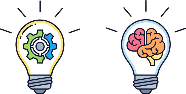Two lightbulbs illustrating different concepts: one with gears representing mechanics or logic, and the other with a brain symbolizing thought or creativity.