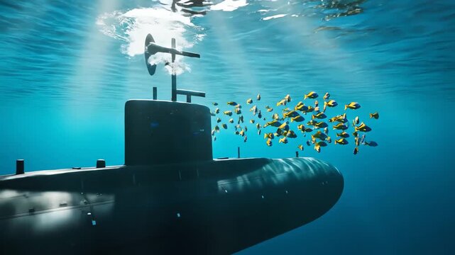 Underwater exploration with a sleek submarine periscope observing a vibrant school of yellow fish swimming in clear blue ocean water with sunbeams filtering from above