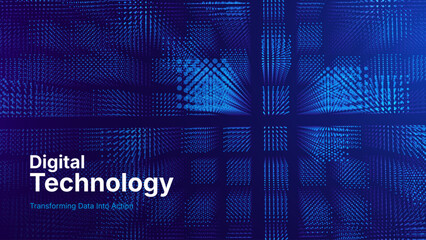 Naklejka na ściany i meble Digital Transformation Background With Neon Skyscrapers and Integrated Data Networks. Abstract Next Generation Smart City With AI Data Streams and Futuristic Blue Infrastructure. Vector Illustration.