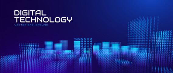 Abstract Fintech Digital Cityscape With Glowing Blue Towers and Data Flow Grid Patterns. Advanced Smart City Background With Illuminated Particle Buildings and Technology Network Grid. Vector. © ec0de