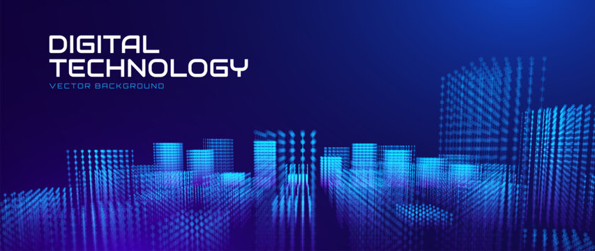 Abstract Fintech Digital Cityscape With Glowing Blue Towers and Data Flow Grid Patterns. Advanced Smart City Background With Illuminated Particle Buildings and Technology Network Grid. Vector.
