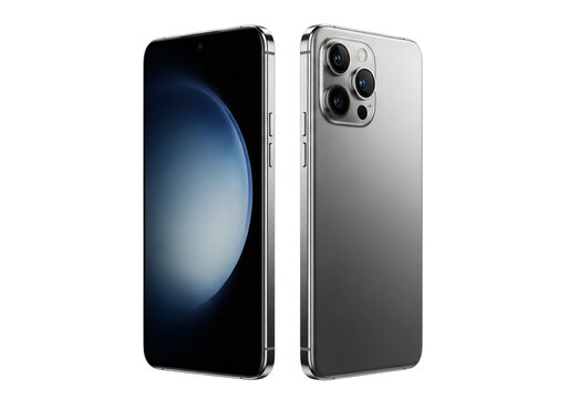 Two views of a modern smartphone in silver isolated on transparent background