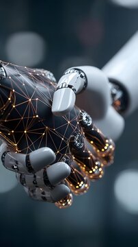 shaking robotic hand with floating holographic firewall background representing AI trust