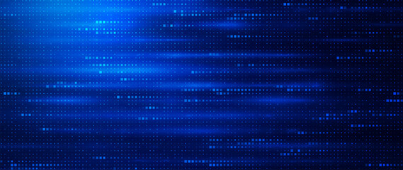 Abstract Blue Fintech Background with Horizontal Data Flow Lines and Pixel Mosaic Grid. Glowing Digital Dots and Smooth Gradient Light Corporate Technology Backdrop. Vector Illustration.