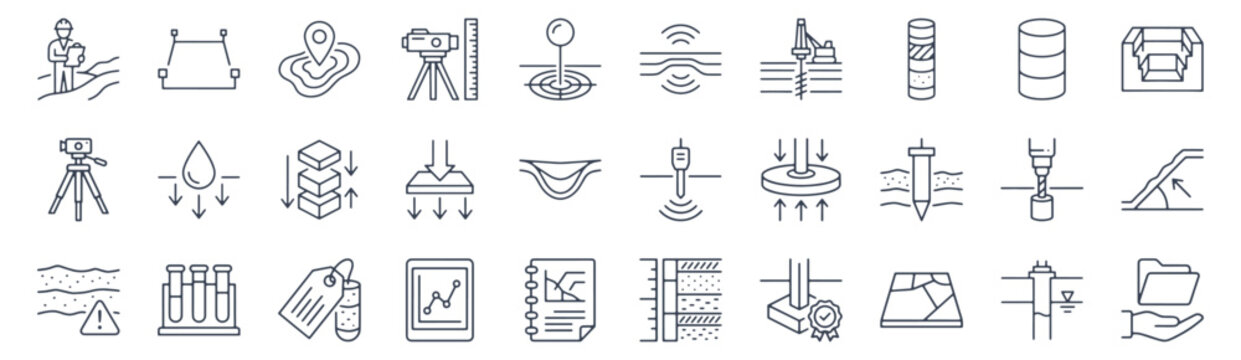 Site survey and geotechnical prep line icon set. Boundary plot, topographic contours, drilling rig, borehole core, cone penetration test, plate load, soil profile outline vector illustrations.