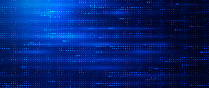Abstract Blue Fintech Background with Horizontal Data Flow Lines and Pixel Mosaic Grid. Glowing Digital Dots and Smooth Gradient Light Corporate Technology Backdrop. Vector Illustration.