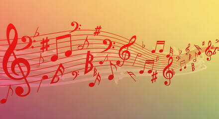 Fototapeta na wymiar Red musical notes and symbols flowing across a staff on a colorful gradient background