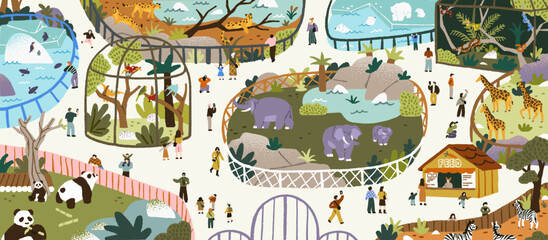 Zoo map top view. Panorama with happy wild animals in enclosures. Families with children walk on paths and look at elephants and pandas. Kids with guide in the zoology park. Flat vector illustration © Paper Trident