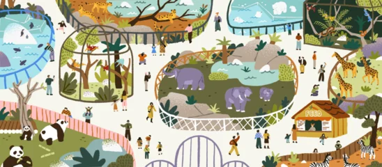 Fotobehang Zoo Zoo map top view. Panorama with happy wild animals in enclosures. Families with children walk on paths and look at elephants and pandas. Kids with guide in the zoology park. Flat vector illustration  © Paper Trident