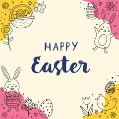 Fototapeta premium Hand drawn Easter bunny, eggs and flowers. Greeting card in doodle style. Vector illustration