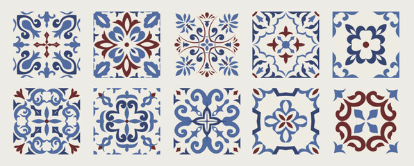 Set of 10 tiles azulejios. Mediterranean tile,  seamless patterns. Spanish, Sicilian, Portuguese, Italian traditional ornaments. Set of floral mosaic designs with ethnic motifs. vecto