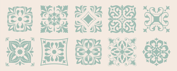 Set of 10 tiles azulejios. Mediterranean tile,  seamless patterns. Spanish, Sicilian, Portuguese, Italian traditional ornaments. Set of floral mosaic designs with ethnic motifs. vecto